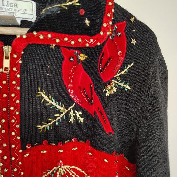 Christmas Cardigan Sweater Patchwork Cardinals Beaded Embellished Holiday PXL - Picture 10 of 11